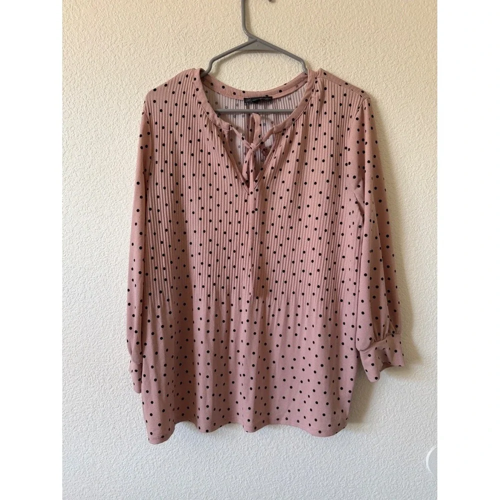 Adrianna Papell Womens Blouse Pink Polka Dot Tie Neck Long Sleeve Top L